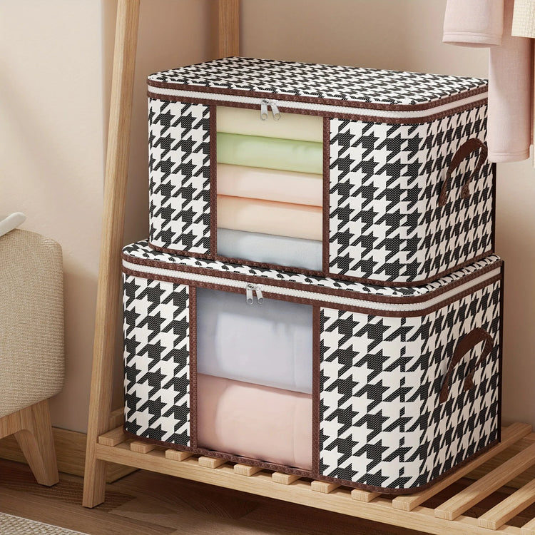 Superbe housse de rangement en coton motif pied-de-poule avec fenêtre transparente, poignées renforcées et fermeture éclair robuste pour vêtements et literie. La livraison est offerte !