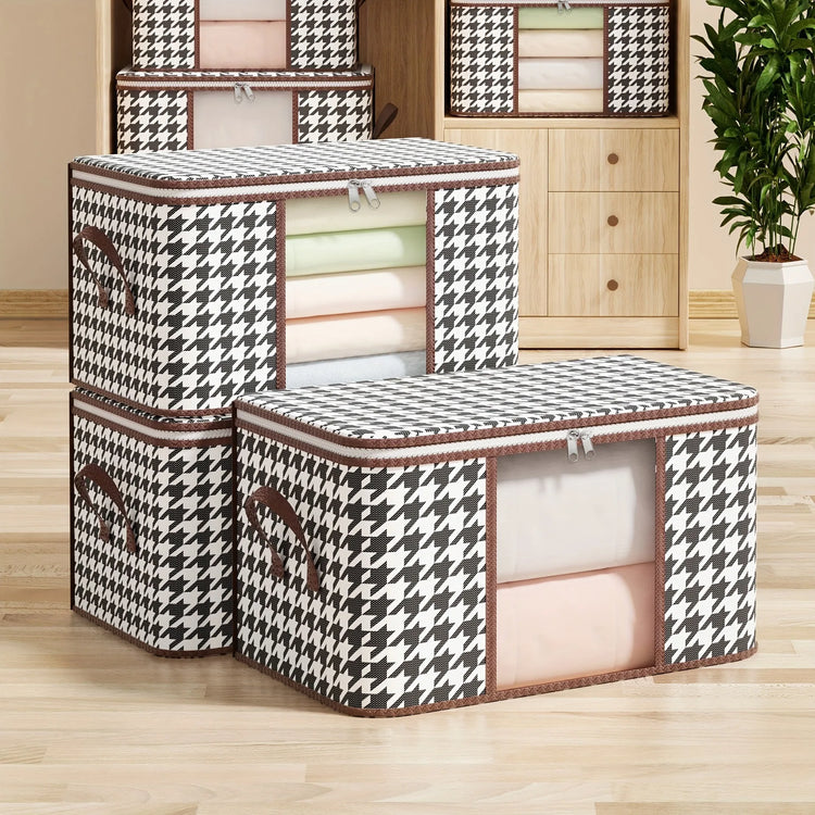 Superbe housse de rangement en coton motif pied-de-poule avec fenêtre transparente, poignées renforcées et fermeture éclair robuste pour vêtements et literie. La livraison est offerte !