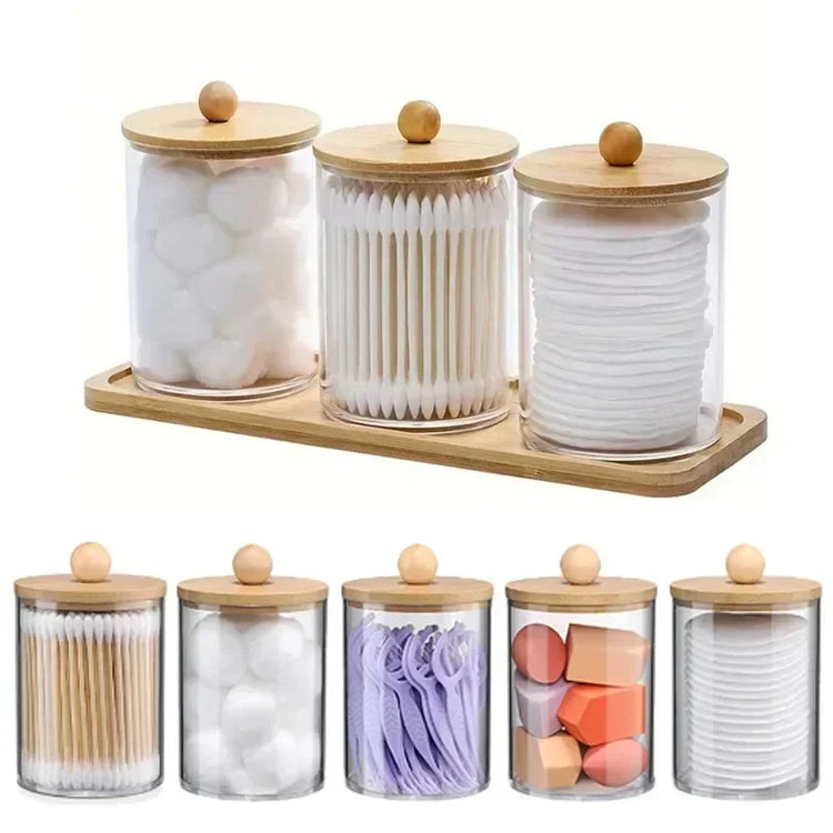 Magnifique pot apothicaire avec couvercle en bambou naturel – rangement élégant, durable et polyvalent pour cotons, maquillage, accessoires de salle de bain, bureau, cuisine et snacks. Livraison offerte !