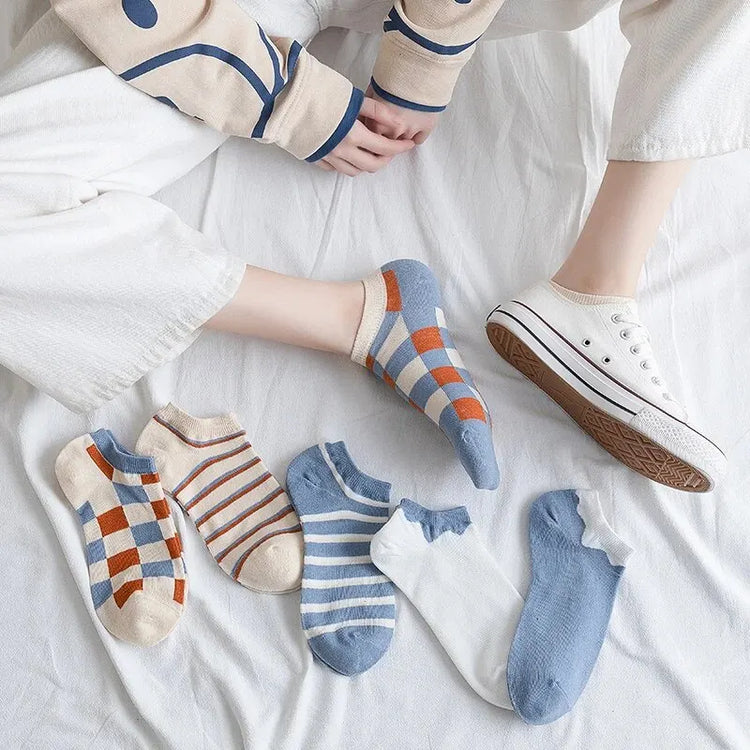 Superbes chaussettes pour femme, à rayures et à carreaux, confortables, douces, respirantes et extensibles, taille unique. Idéales pour le printemps et l'été ! Lot de 6.  La livraison prioritaire est offerte !