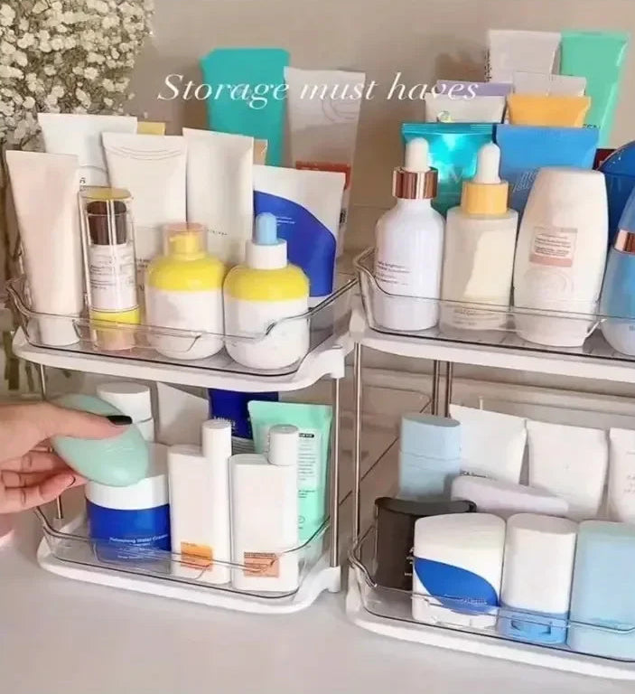 Organisateur sous évier transparent à 2 niveaux avec tiroir coulissant – design élégant, structure inox, grande capacité jusqu’à 8 kg pour rangement cuisine et salle de bain – accès facile, antidérapant et durable. Livraison offerte !
