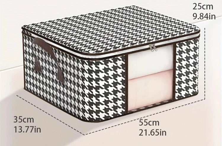 Superbe housse de rangement en coton motif pied-de-poule avec fenêtre transparente, poignées renforcées et fermeture éclair robuste pour vêtements et literie. La livraison est offerte !