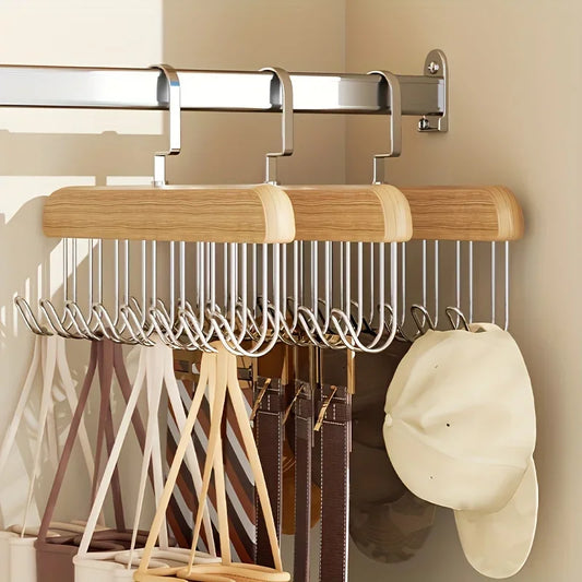 Cintre en bois massif rotatif à 360° avec 8 crochets métalliques solides, multifonctions pour ceintures, foulards, cravates, bijoux et accessoires, rangement gain de place. Livraison offerte !