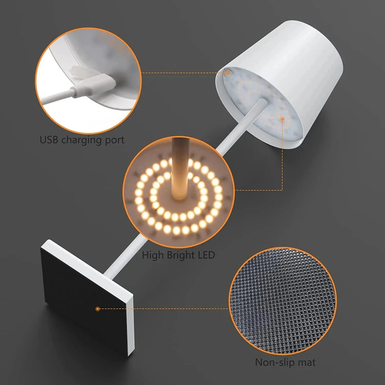 Jolie lampe de table LED rechargeable sans fil, aluminium étanche, lumière réglable, zone tactile avec 4 niveaux de luminosité et 4 températures de couleur. La livraison prioritaire est offerte !