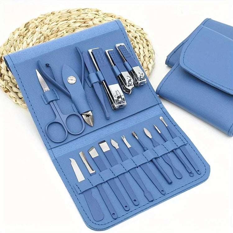 Ensemble de manucure et pédicure 16 pièces en acier inoxydable avec coupe-ongles, ciseaux, pinces à cuticules et outils de soin, kit portable avec étui de voyage. Livraison offerte !