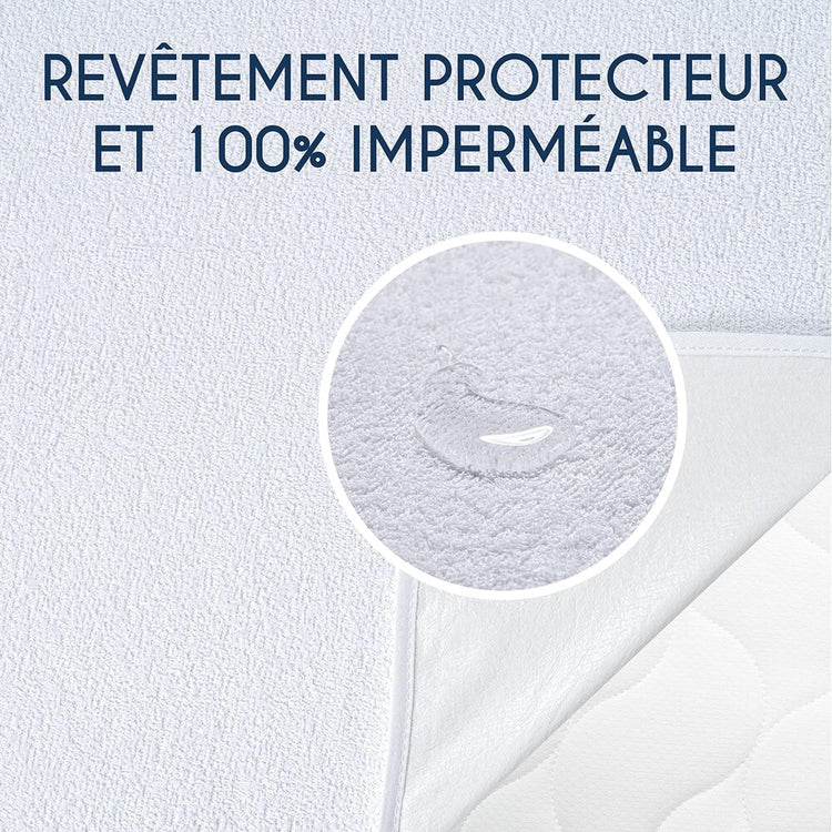 Protège matelas Premium, imperméable en coton respirant, 4 coins élastiques, imperméable et respirant, discret, installation simplissime, lavable en machine et sèche-linge, pour matelas de 5 à 35cm. Livraison prioritaire offerte !