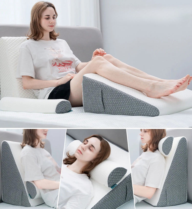 Coussin-triangle 4-en-1  Premium : Soulage efficacement les tensions aux jambes, offre un soutien ergonomique et un confort ultime. La livraison prioritaire est offerte !