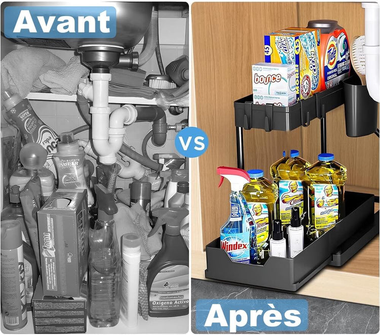 Étagère sous évier à 2 étages, design en forme de R, plateau inférieur coulissant, support en acier au carbone, deux plateaux de rangement, installation facile, drainage rapide. La livraison prioritaire est offerte !