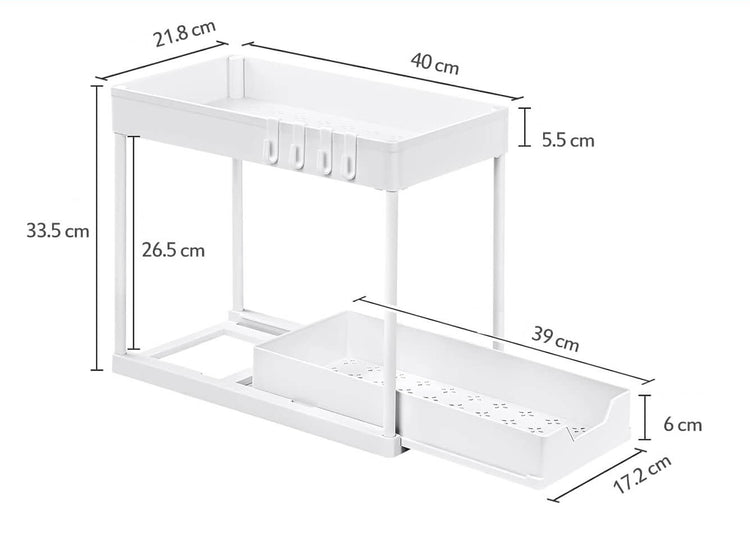 Étagère sous évier à 2 étages avec 4 crochets et 1 pot suspendu, grand espace de stockage, bord de 5 cm de hauteur pour empêcher les objets de tomber, tiroir amovible, facile à installer, déplacer et démonter. La livraison prioritaire est offerte !