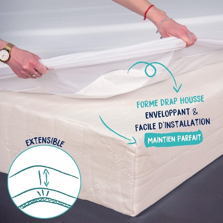 Protège matelas Premium, imperméable et micro respirant, silencieux, fraîcheur et hygiène, lavable à 90°C, drap housse extensible jusqu'à 35 cm pour un maintien parfait. La livraison prioritaire est offerte !