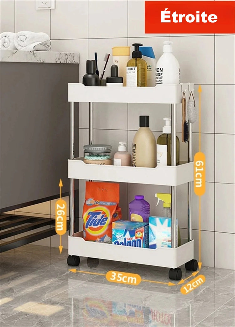 Étagère étroite sur roulettes – haute capacité de rangement pour cuisine, salle de bain, buanderie, et plus. Design multifonctionnel à plusieurs niveaux, base perforée pour drainage, en plastique et métal. La livraison prioritaire est offerte !