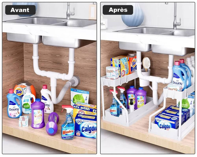 Étagère sous évier à 2 étages, design en forme de R, plateau inférieur coulissant, support en acier au carbone, deux plateaux de rangement, installation facile, drainage rapide. La livraison prioritaire est offerte !