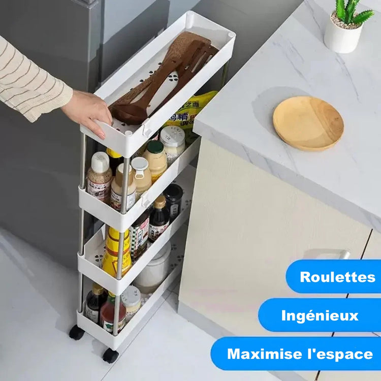 Étagère étroite sur roulettes – haute capacité de rangement pour cuisine, salle de bain, buanderie, et plus. Design multifonctionnel à plusieurs niveaux, base perforée pour drainage, en plastique et métal. La livraison prioritaire est offerte !