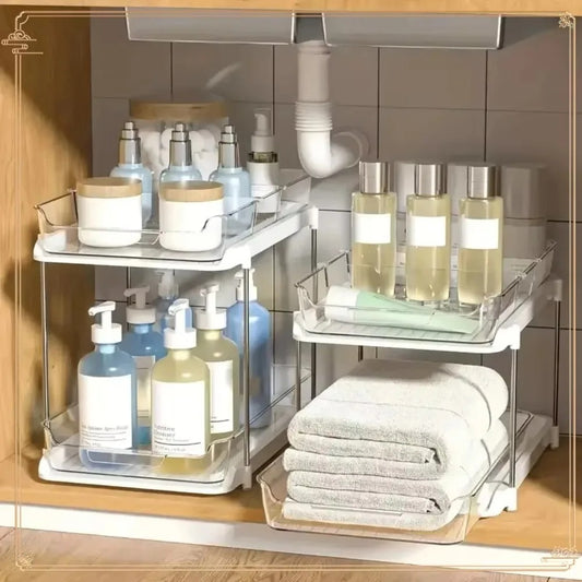 Organisateur sous évier transparent à 2 niveaux avec tiroir coulissant – design élégant, structure inox, grande capacité jusqu’à 8 kg pour rangement cuisine et salle de bain – accès facile, antidérapant et durable. Livraison offerte !