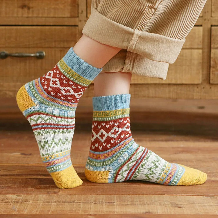 Magnifiques chaussettes automne-hiver pour femme, style nordique rétro, épaisses, thermiques et chaudes. Lot de 5 paires, taille unique 34-42. Livraison offerte !
