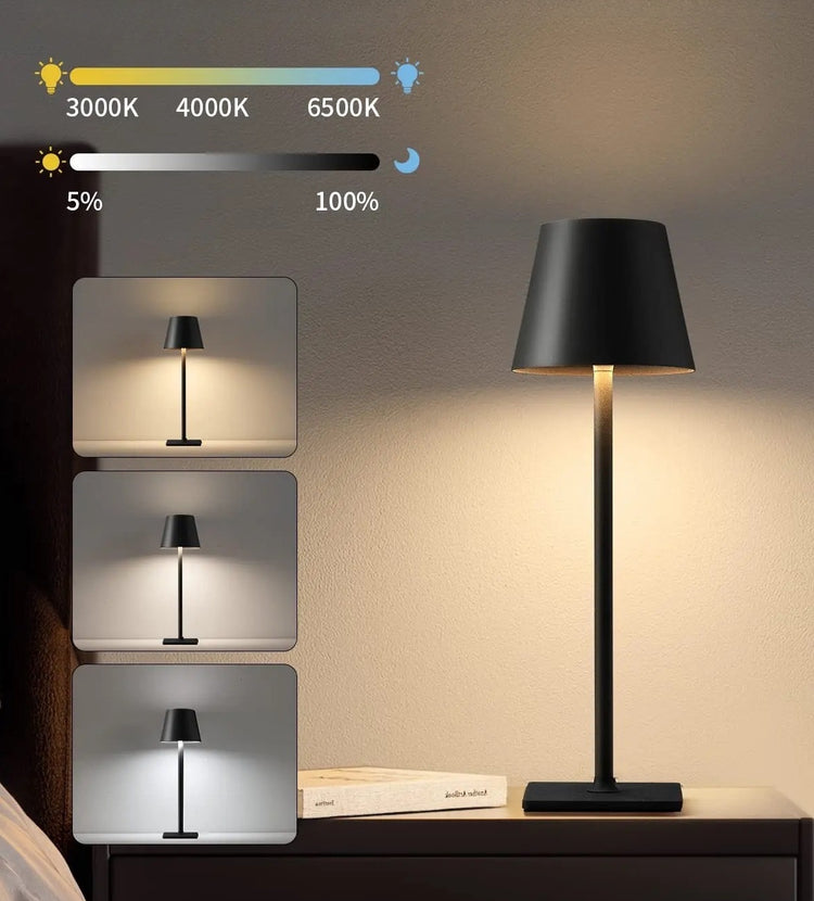 Jolie lampe de table LED rechargeable sans fil, aluminium étanche, lumière réglable, zone tactile avec 4 niveaux de luminosité et 4 températures de couleur. La livraison prioritaire est offerte !