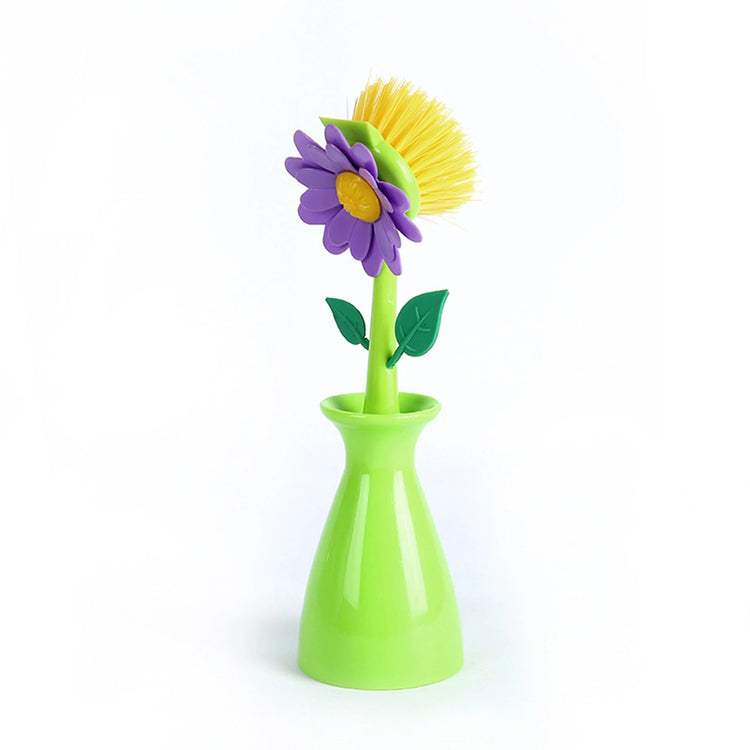 Magnifique brosse à vaisselle en forme de fleur avec long manche – Brosse de nettoyage créative et décorative pour vaisselle, casseroles et bols – Design printanier coloré avec support en forme de vase. La livraison prioritaire est offerte!