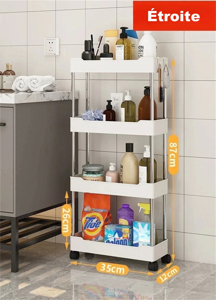 Étagère étroite sur roulettes – haute capacité de rangement pour cuisine, salle de bain, buanderie, et plus. Design multifonctionnel à plusieurs niveaux, base perforée pour drainage, en plastique et métal. La livraison prioritaire est offerte !