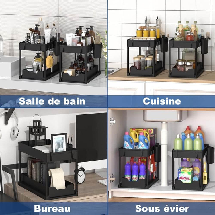 Étagère sous évier à 2 étages avec 4 crochets et 1 pot suspendu, grand espace de stockage, bord de 5 cm de hauteur pour empêcher les objets de tomber, tiroir amovible, facile à installer, déplacer et démonter. La livraison prioritaire est offerte !